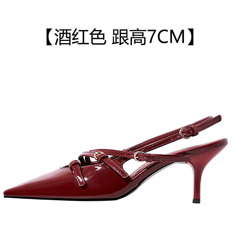 YX2025新款尖头法式皮带扣酒红色包头凉鞋小方头复古漆皮高跟鞋女|undefined