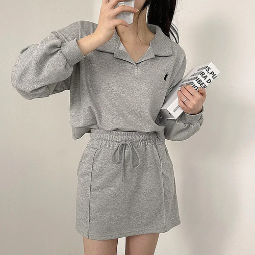 100% cotton Korean style casual sports suit women's long-sleeved spring and autumn Polo collar sweatshirt short skirt two-piece set solid color