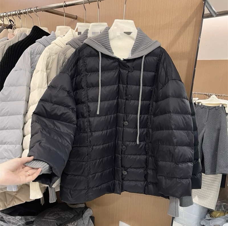 2025冬装新款韩系轻薄羽绒服女中长款针织连帽拼接白鸭绒外套批发|undefined