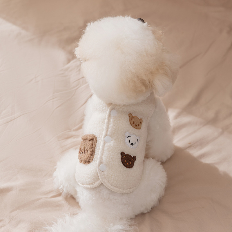 New Pet Dog Clothes Three Cute Bears Embroidered Cardigan Vest Warm Fleece Teddy Corgi Bichon