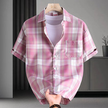 2025新款休闲格子男短袖衬衫修身 韩版潮流工装衬衫男士上衣粉色
