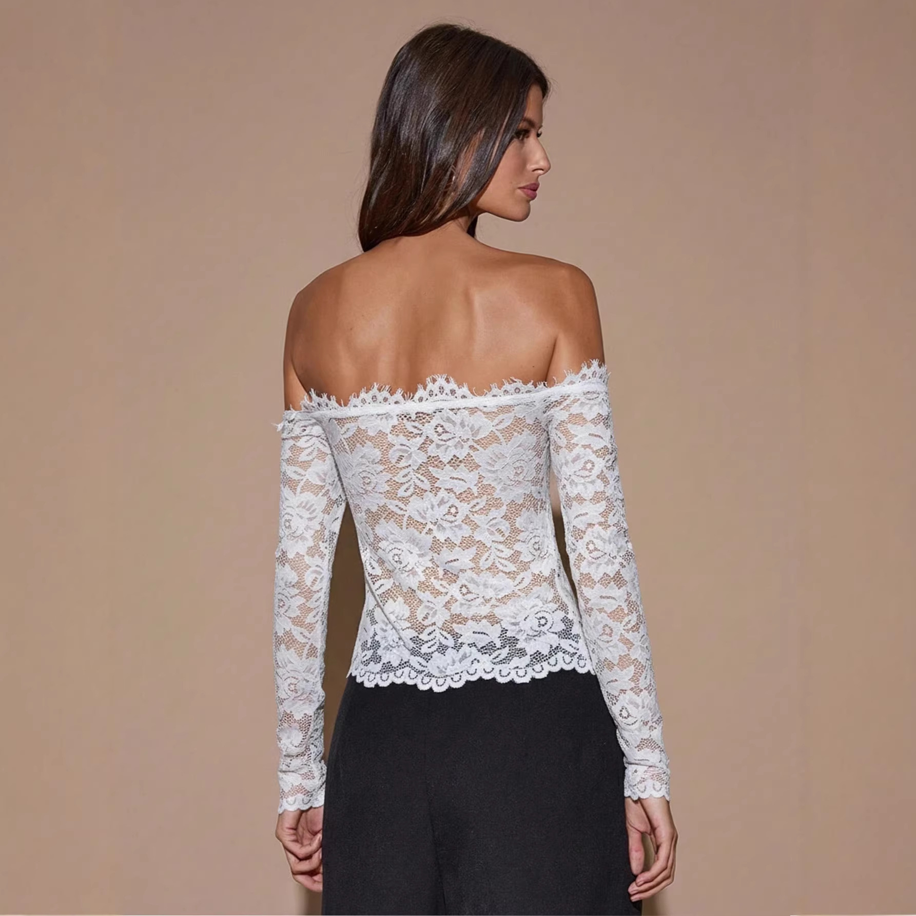 Spring/Summer Women's White Off-Shoulder Long Sleeve French Retro Lace Shirt Top_ecoleips.com