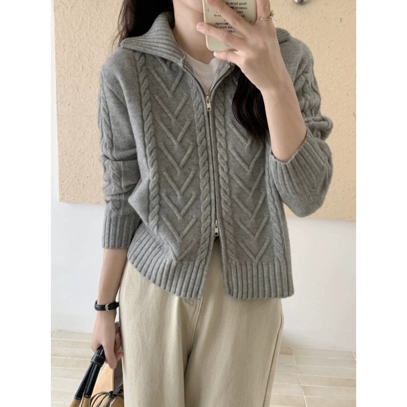 Gray Twist Zipper Suéter chaqueta mujer primavera y otoño engrosado diseño de nicho de vestir cardigan de punto perezoso