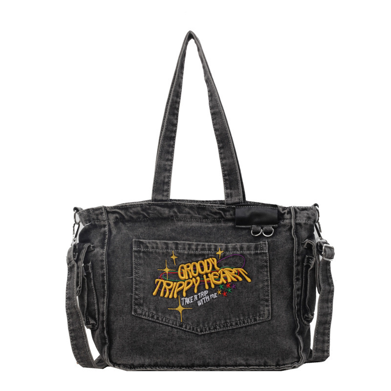 Nuevo bolso de mezclilla bordado de gran capacidad bolso de hombro de estilo universitario retro bolso de viaje de viaje de moda