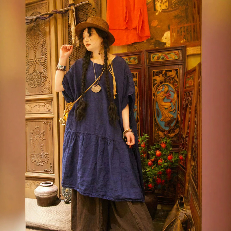 Sand-Washed Linen Mid-Length Dress 26 New Summer Style Lazy Style Round Neck Dress for Women, Versatile, Breathable and Comfortable Sand-Washed Linen Mid-Length Dress 26 New Summer Style Lazy Style Round Neck Dress for Women, Versatile, Breathable and Comfortable