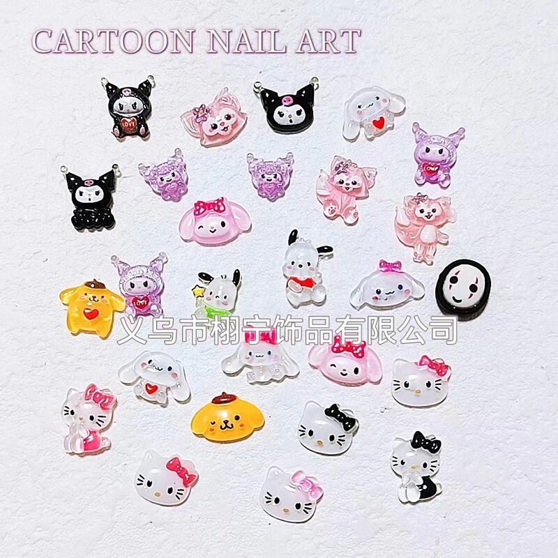2024 Nail Art Cartoon Ornaments Sanrio Kurome Cinnamon Dog Kt Cat Three-Dimensional Animal Resin Nail Accessories