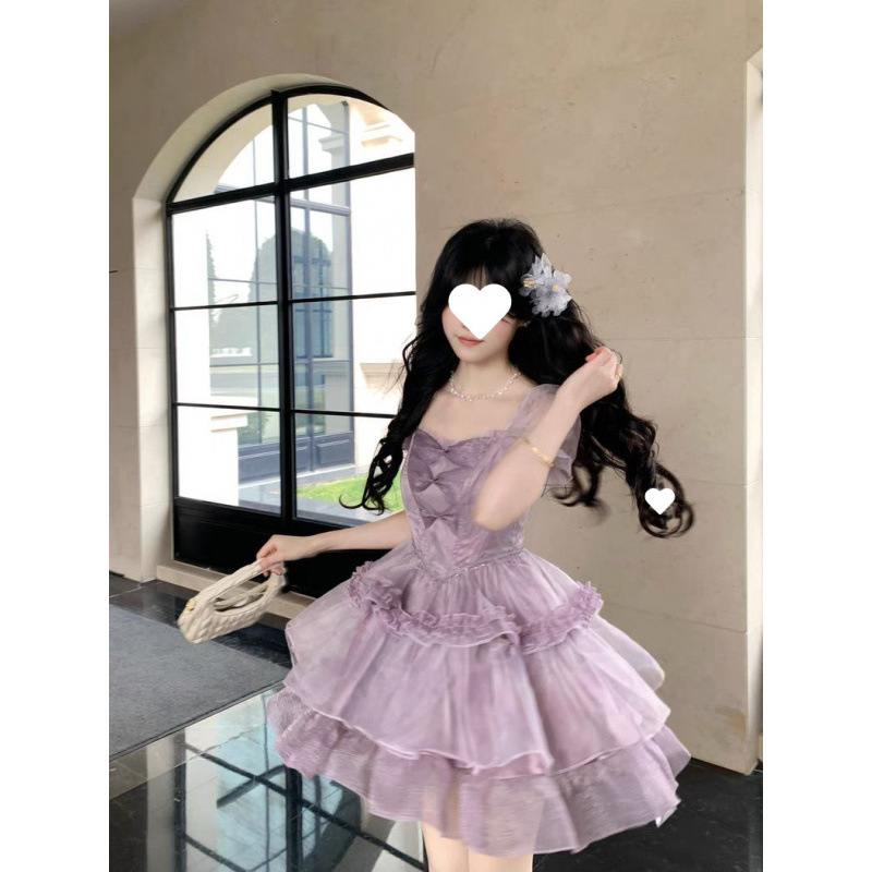 高级感优雅紫色连衣裙甜美蝴蝶结欧根纱蓬蓬晕染连衣裙生日礼服裙
