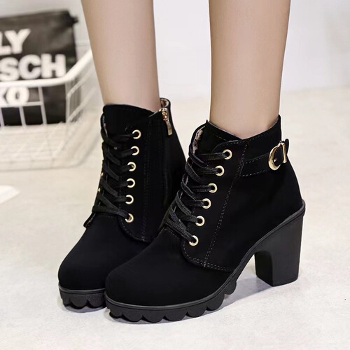 Spring chunky-heel ankle boots for women: lace-up, round-toe design in matte finish with thick, high heels and a short shaft.