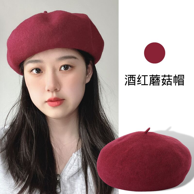 新款秋冬羊毛贝雷帽子女时尚羊绒蘑菇帽深檐大头围立体画家帽批发|undefined