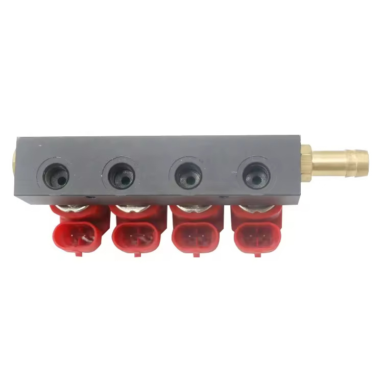 LPG/CNG four-cylinder injection unit with red coil and black rail, unmarked, oil-to-gas four-cylinder gas injection rail