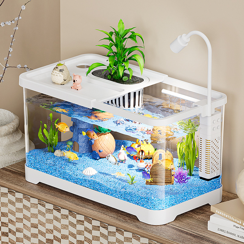 Hogar pecera sala de estar pequeño tanque ecológico conjunto completo de diseño de escritorio tanque de pez dorado oficina tanque de tortuga transparente HD
