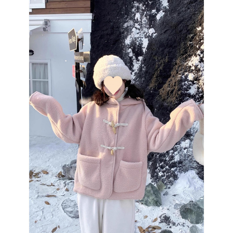 (2개) 양모 기모 따뜻한 호른 버클 긴소매면 패딩 코트 여성의 가을 새 가을과 겨울 두꺼운 코트 탑