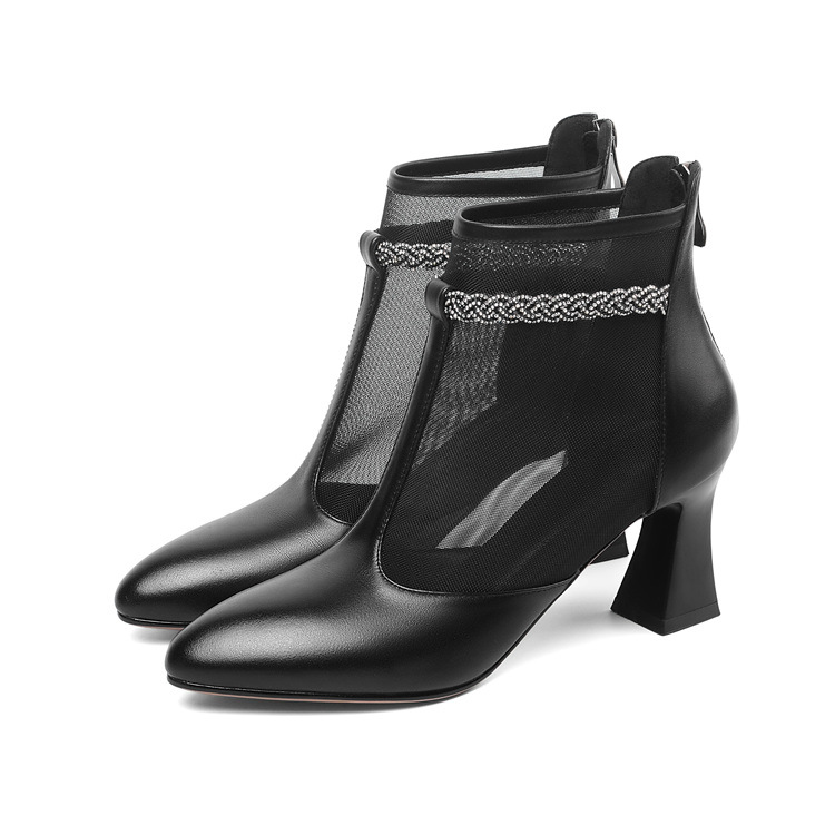 Boot ngắn nữ da bò cao gót lưới rỗng mùa xuân hè — Màu đen chi tiết 13