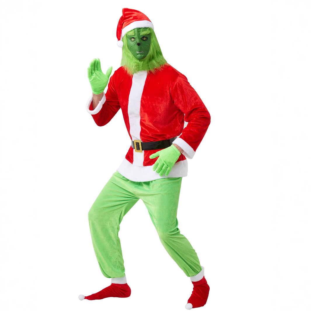 Navidad en stock Cosplay ropa Santa Claus extraño pelo verde extraño Grinch partido rendimiento ropa europea y americana