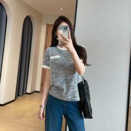 WTHEONE珍珠胸袋小香风短袖温柔撞色圆领针织T恤女春夏新款上衣