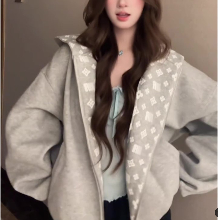美式复古灰色开衫连帽卫衣女 2025早秋季宽松慵懒风拉链卫衣外套|undefined