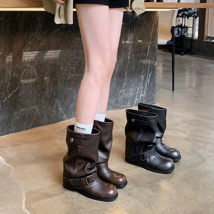 Cowhide Version ~ Genuine Leather Fashionable Sexy Wasteland Style Western Short Boots for Women Autumn and Winter Buckle Strap Pleated Trouser Boots Boots