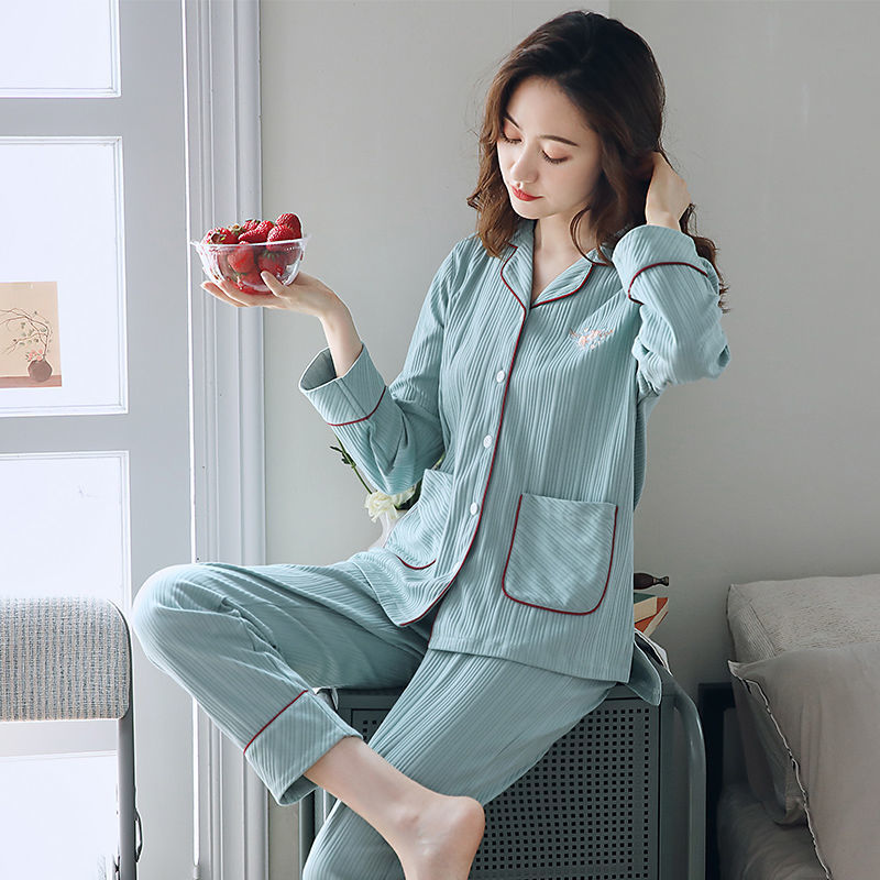 Pijamas de algodón para mujer Primavera y otoño de manga larga más tamaño cardigan traje de mediana edad mamá suelta ropa para el hogar verano