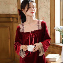 长袖睡裙女金丝绒睡衣宫廷复古风加绒保暖蕾丝公主外穿家居服秋冬
