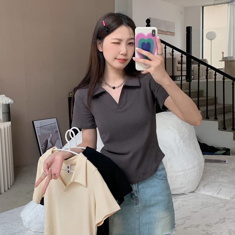 40 Count High Quality Threaded Cotton Large Size Summer Polo Collar Curved Slim Pure Color Right Shoulder Short Sleeve T-Shirt Women's Top Trendy