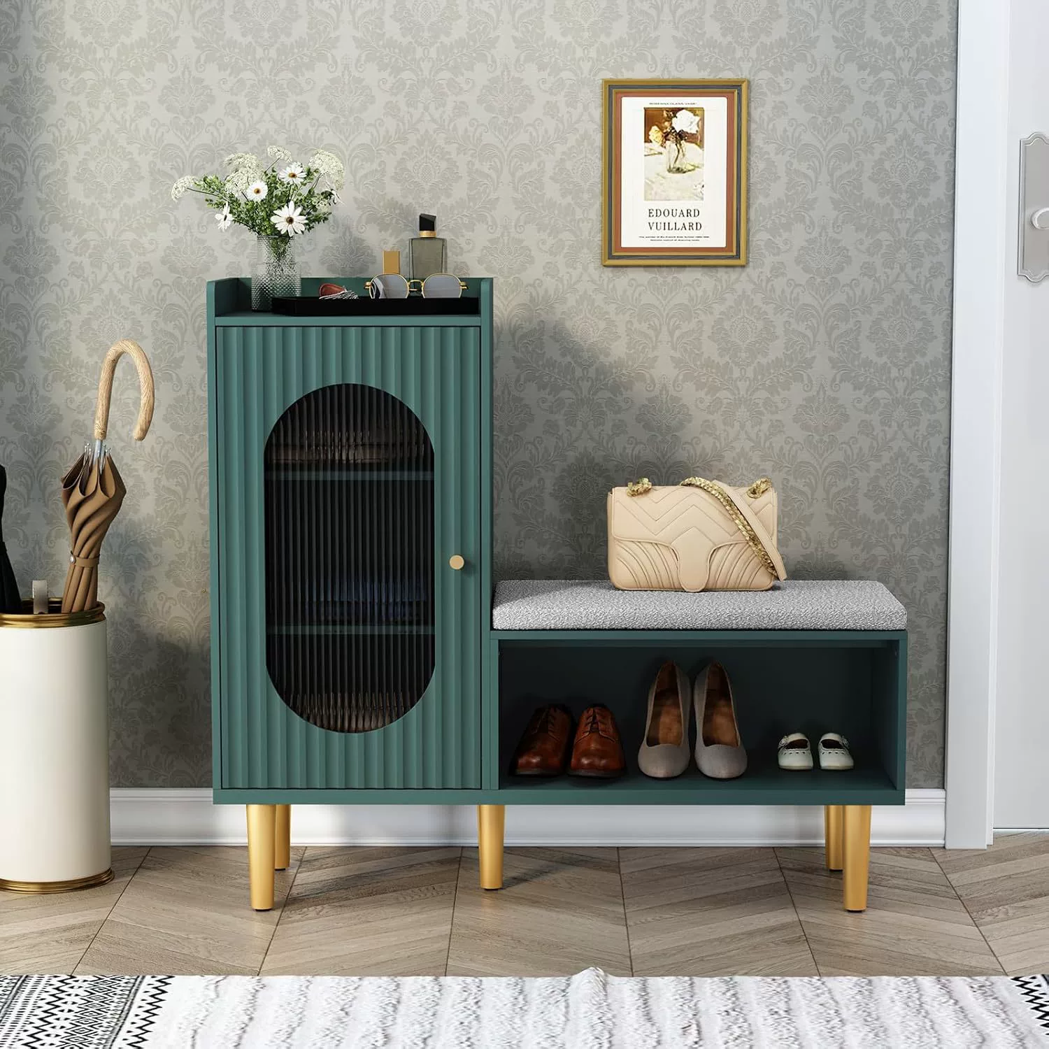 Волнистая полка для обуви и табурет, встроенный простой бытовой шкаф для обуви, мягкий табурет для переобувания в стиле шкафа для обуви с ощущением высокого класса.