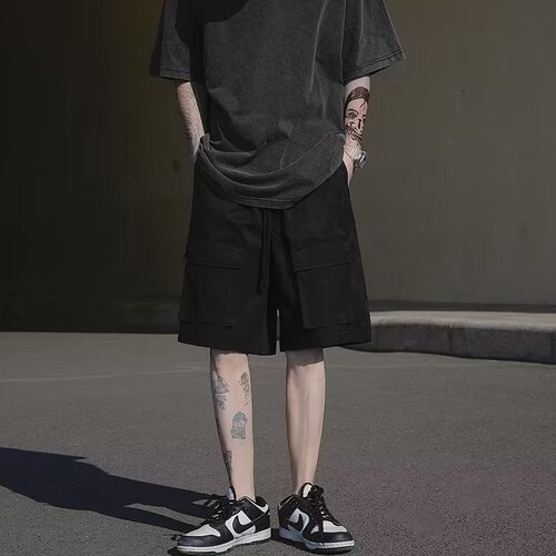Workwear multi-pocket shorts for men, trendy plain color loose casual versatile hip-hop sport drawstring men's five-pocket pants