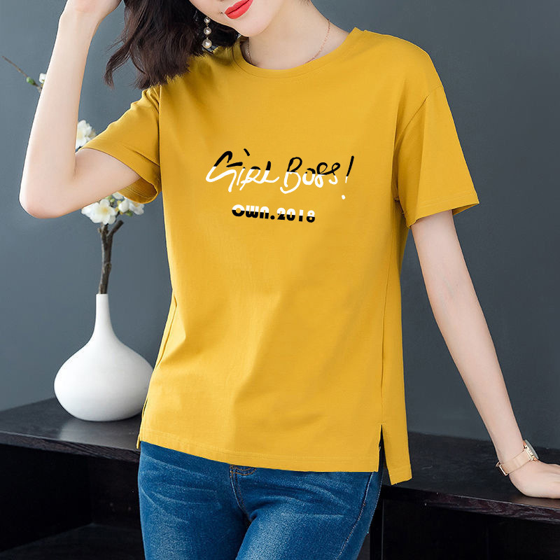 [100 Cotton] Summer Short Front and Back Long Split Short-sleeved T-shirt Cotton Crewneck Pullover Base Shirt Printed Loose Women