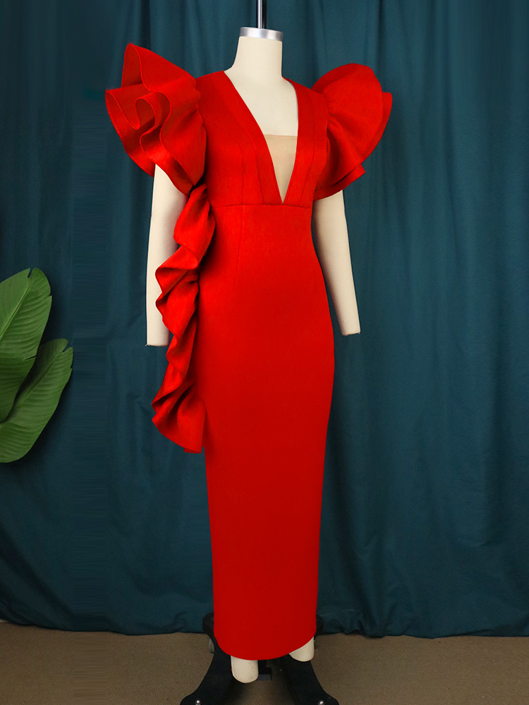 Women's Clothing deep V sexy low cut dress plus size ruffled banquet dress _voghion.com