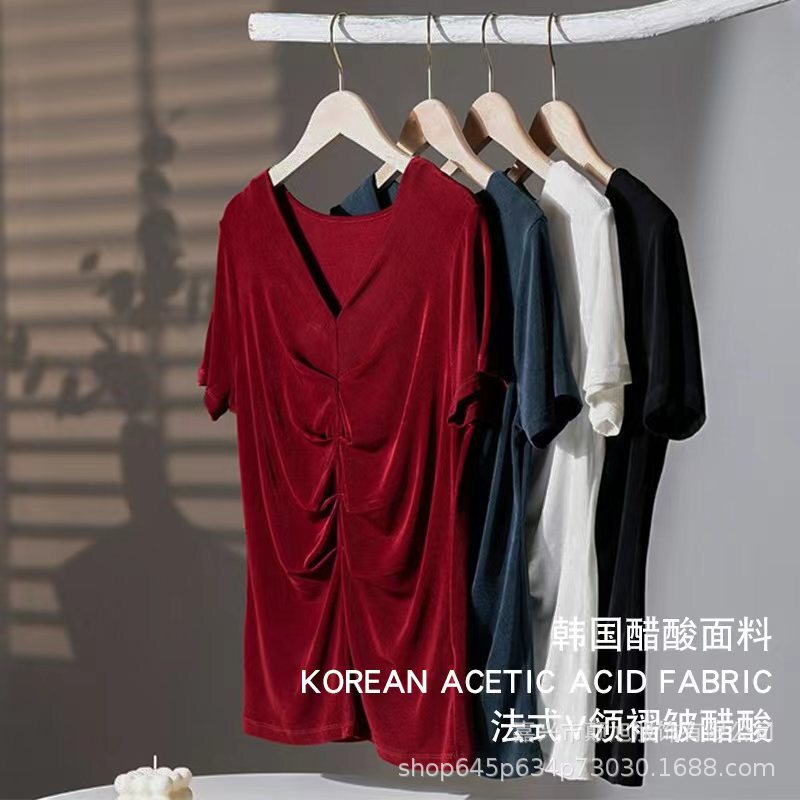 French V Neck Asymmetrical Pleated Acetate T-Shirt Women's Designer Pure Color Acetate Short-Sleeved T-Shirt [95.1 Acetate]