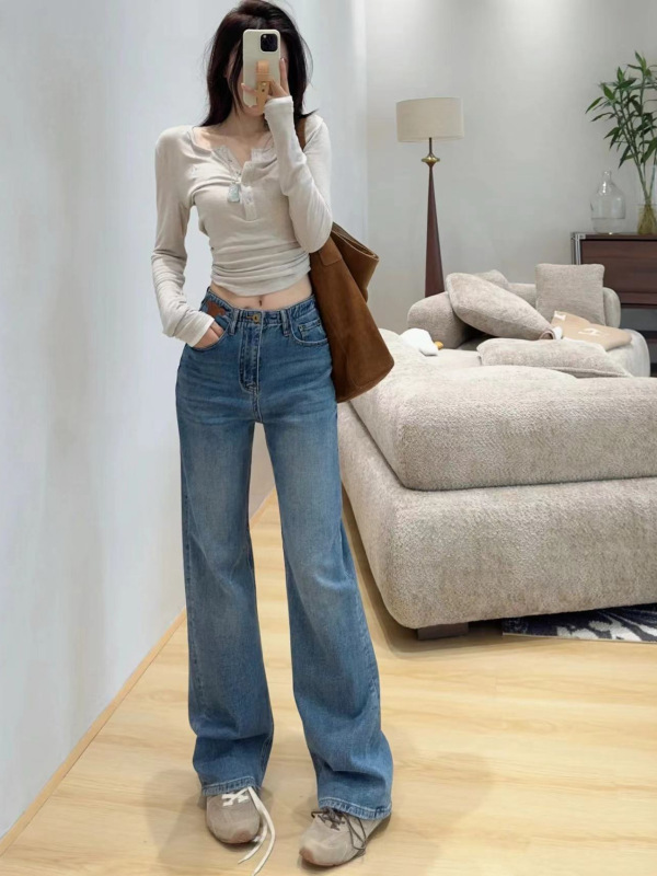 网红凯旋门皮标蓝色牛仔裤女春秋休闲百搭显瘦直筒牛仔裤阔腿裤子|undefined