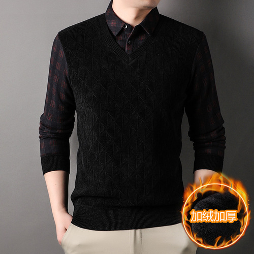 Pullover Sweaters for Men 2024, Fleece Lined and Thick, Fashionable and Warm Wool Knit Sweaters for Middle-Aged and Older Men