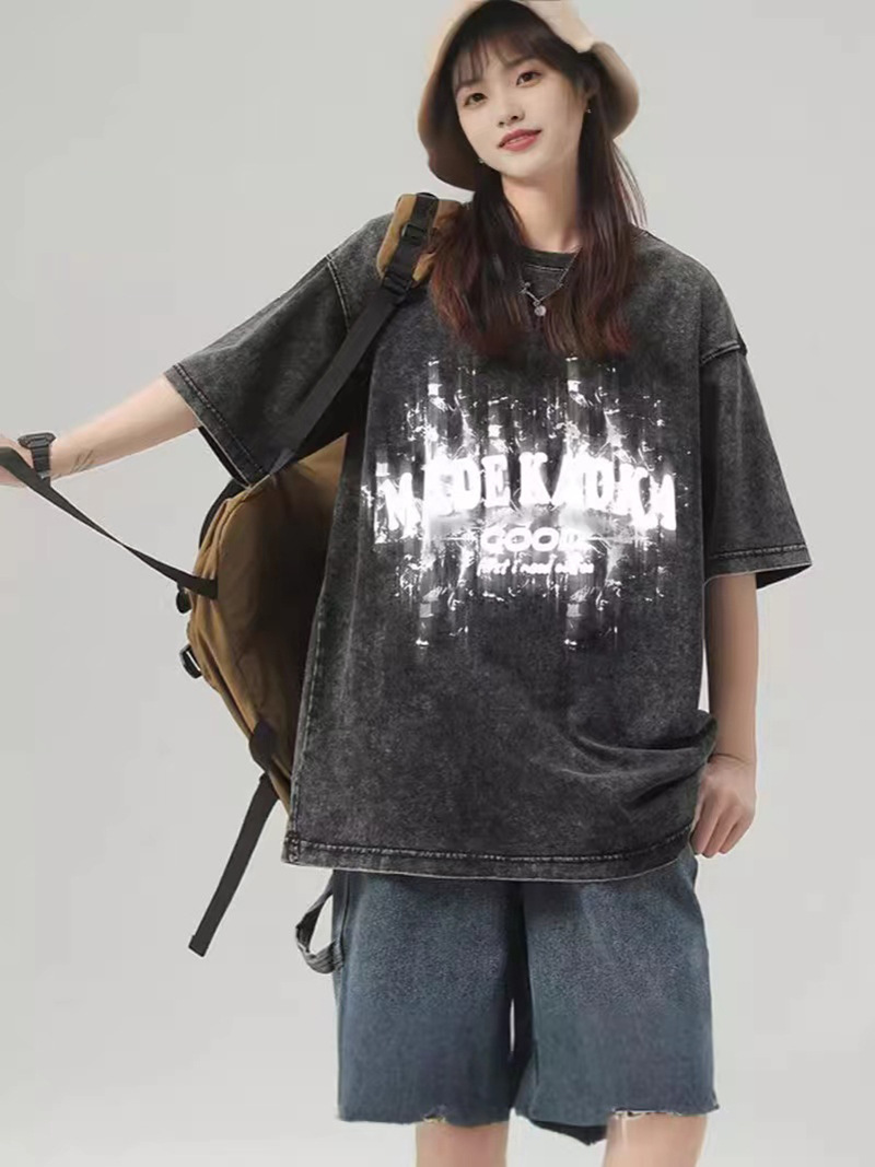 230g hacer vieja camiseta de manga corta impresión masculina cuello redondo suelto oversize vintage marca de moda blusa de moda universal