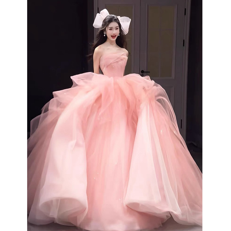 Pink Strapless Evening Dress Women's High-end Feeling Engagement Super Fairy Light Luxury Birthday Banquet Adult Ceremony Tutu Dress Escape Princess