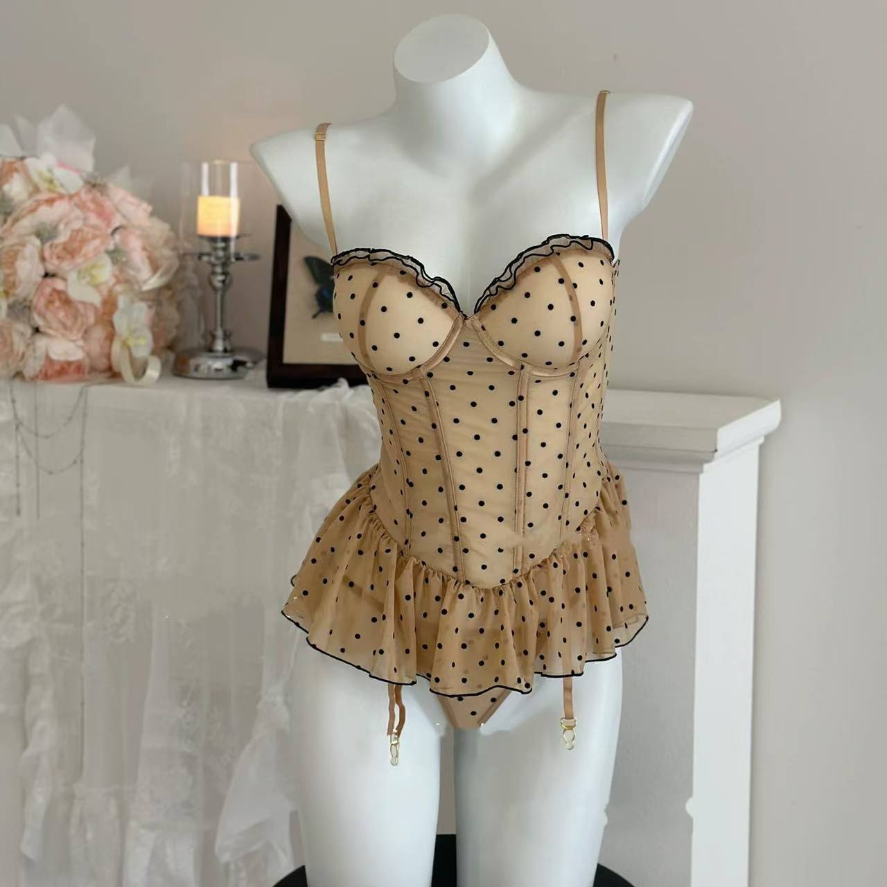 Polka Dot Mesh Maid Lingerie Set with Suspenders and Breast Pads, Yellow One Size — detail image 5