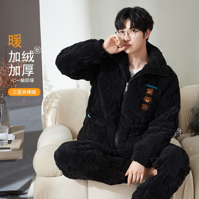 Three-Layer Quilted Coral Velvet Pajamas for Men in Winter Fleece-Lined and Thickeneded Cartoon Wearable Flannel Warm Home Clothes