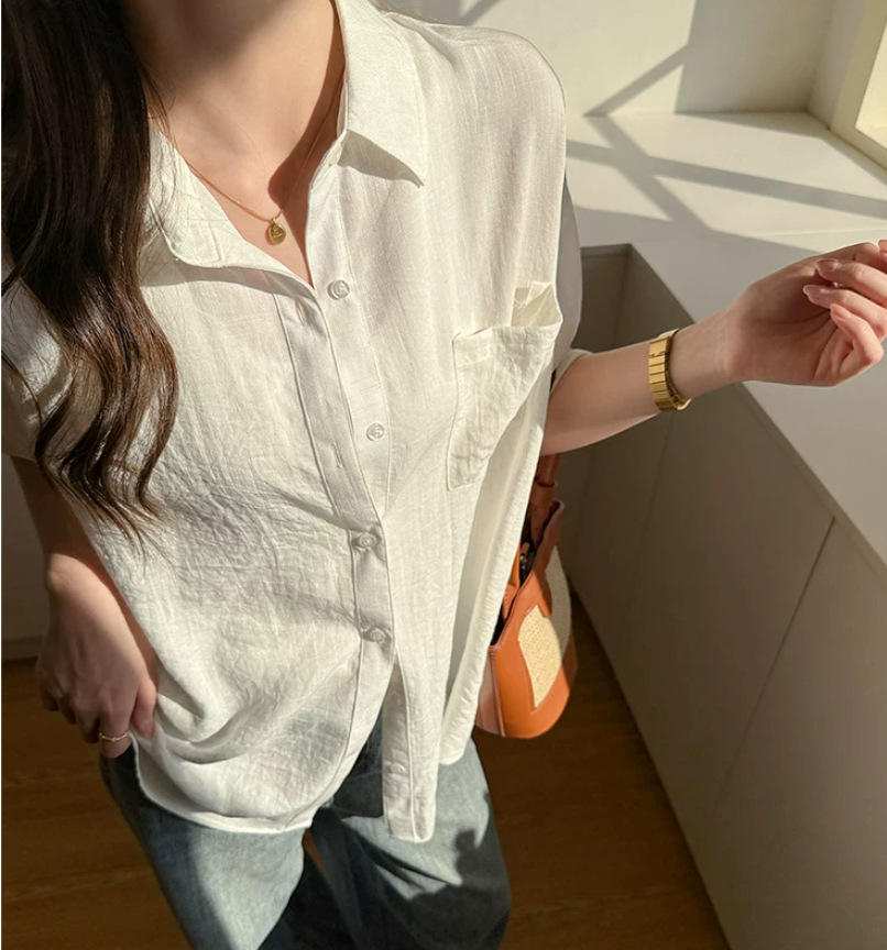 Áo sơ mi nữ linen dài tay mùa hè form rộng chống nắng phong cách lười biếng — Gạo sợi gai, Xanh lá cây nhạtcolor, Khoai tây tím, Bột sương mù ngó sen chi tiết 4