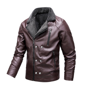 Cross-border Autumn and Winter New Men's Motorcycle Leather Jacket fleece-lined Warm Lapel Leather Jacket Fashion plus size Outerwear