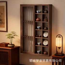 侘寂风博古架壁挂式茶室茶具收藏架多宝阁老榆木展示柜古董收藏架
