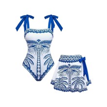 新款性感比基尼连体泳衣裹裙定版印花欧美外贸沙滩裙保守遮肚泳装