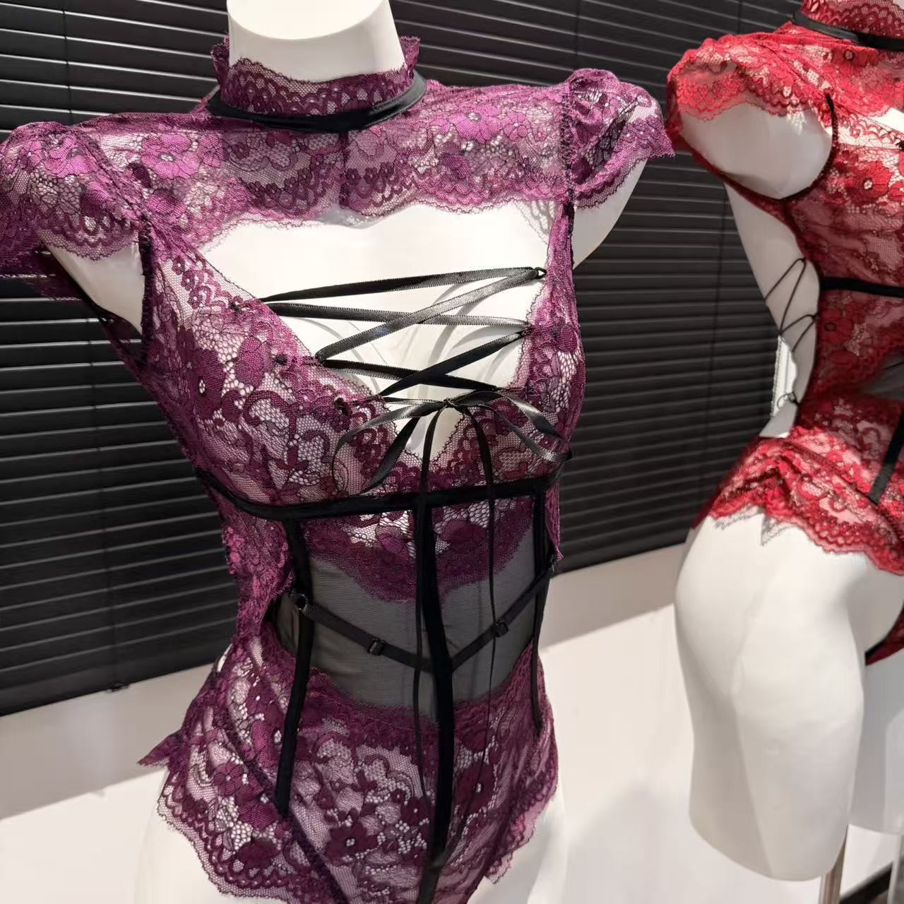 French Style Lace Patchwork Bodysuit And Uniform Lingerie Set_voghion.com