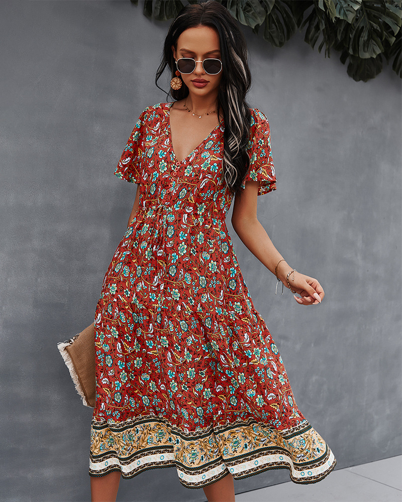 print spring and summer V-neck short sleeve dress NSDY36589