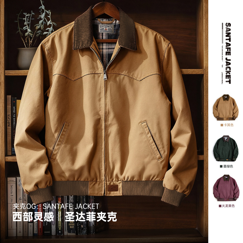 Maden Workwear American Retro Heavyweight Santa Fe Canvas Jacket Stiff Barn Style Turn-Down Collar Short Coat for Men Autumn Maden Workwear American Retro Heavyweight Santa Fe Canvas Jacket Stiff Barn Style Turn-Down Collar Short Coat for Men Autumn