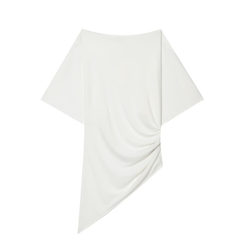 Summer New Women's Casual Style Short-Sleeved Boat-Neck Shirt Top with Pleated Decoration and Asymmetrical Hem Summer New Women's Casual Style Short-Sleeved Boat-Neck Shirt Top with Pleated Decoration and Asymmetrical Hem