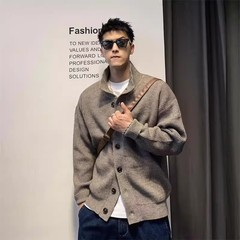 春秋新款翻领毛衣男宽松休闲慵懒风百搭纯色单排扣针织开衫外套男