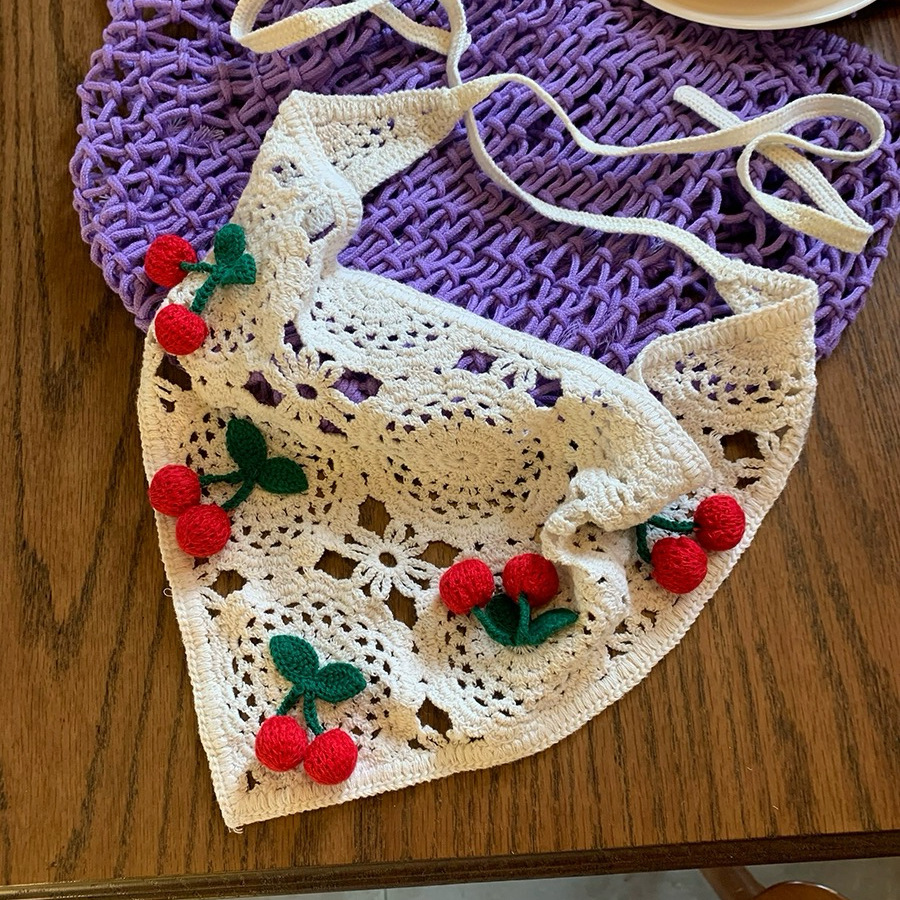 Coreano ins dulce dulce cereza hueco toallas triangulares tejidas a mano bufandas de seda para mujeres 2024 nuevo pañuelo