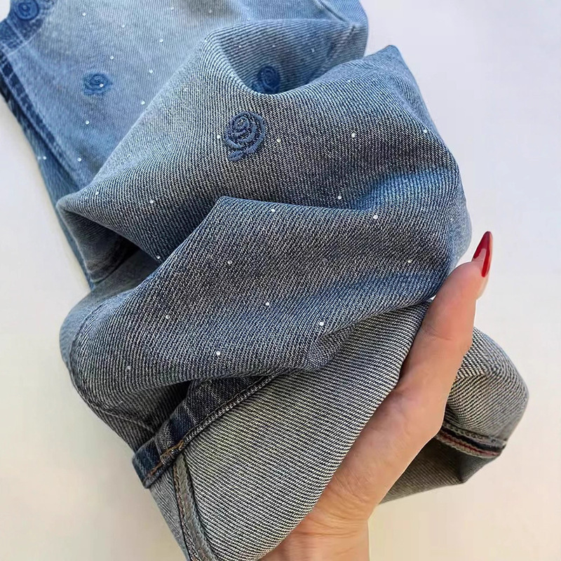Blue High-Waisted Straight-Leg Jeans for Women 2025 Autumn New Slimming Loose Comfortable Embroidered Fashion Wide-Leg Pants