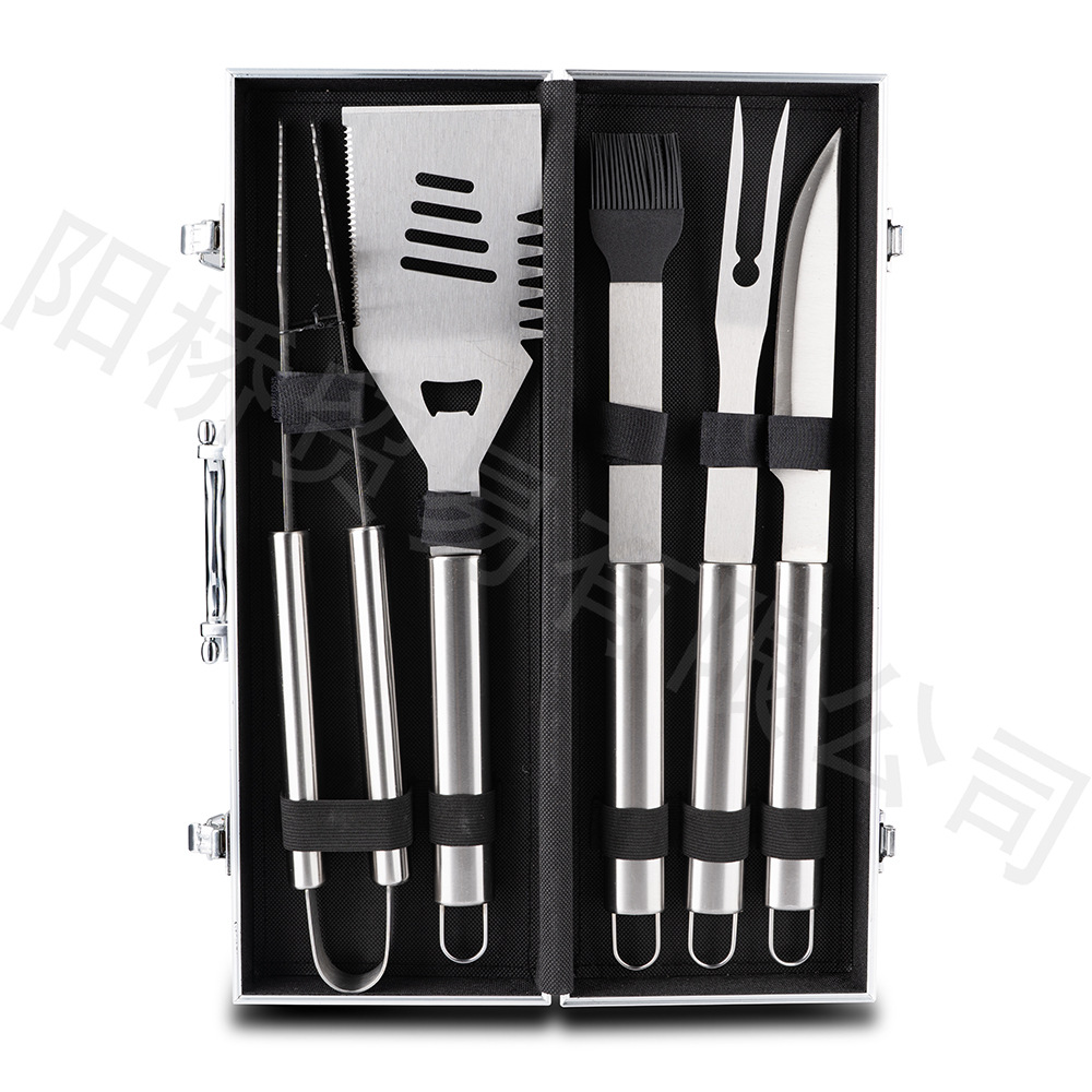 Fabricante Amazon herramientas combinación de caja de aluminio BBQ horquilla de parrilla cuchillo de parrilla mango de tubo de acero inoxidable parrilla