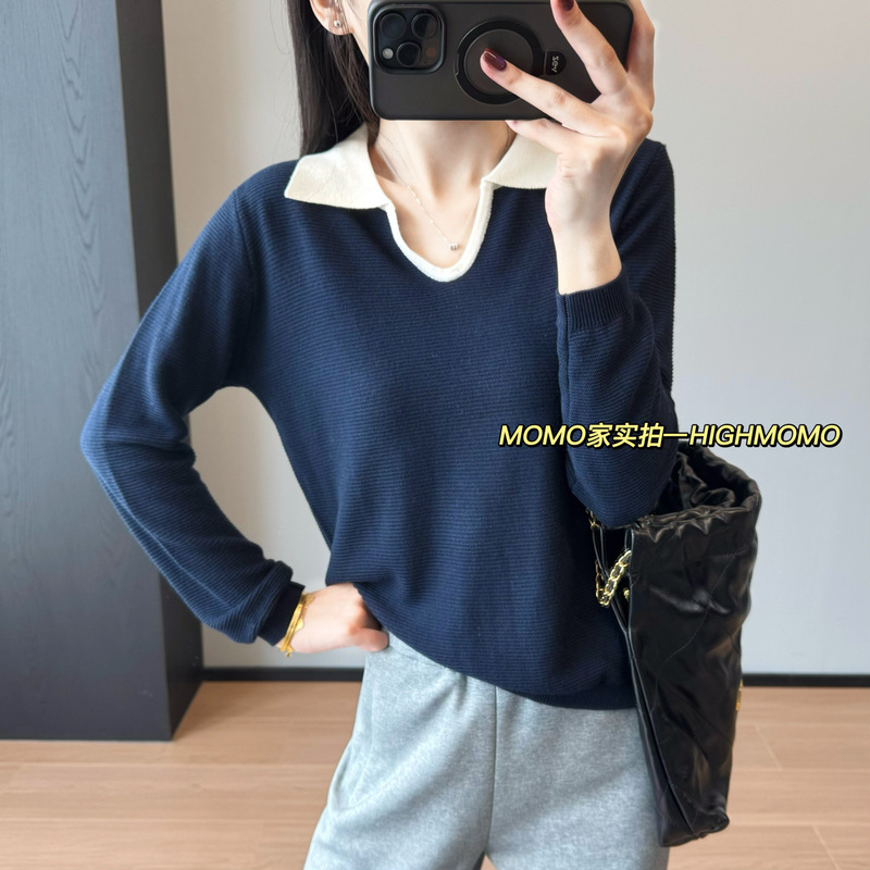 随性松弛~时髦撞色半开polo领上衣丝光羊毛气质显瘦针织衫G092008|undefined