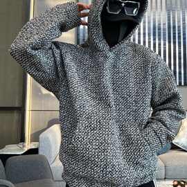 新品 新款潮流小香风连帽卫衣男2026秋冬重磅粗花呢宽松套头长袖