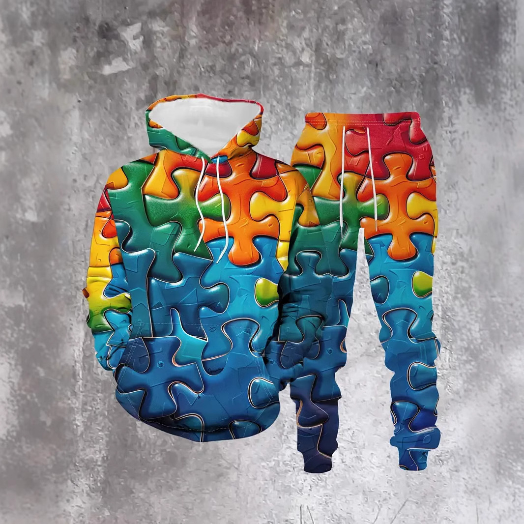 Traje de dos piezas de graffiti colorido de moda traje de pantalón de suéter con capucha suelto de talla grande MC11-ML1